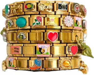 Italian Charm Bracelet (Fully Assembled) - Set of 1 Themed Gold Vintage Style Themed Assorted Italian Charm Bracelet with 18 Unique Italian Charms
