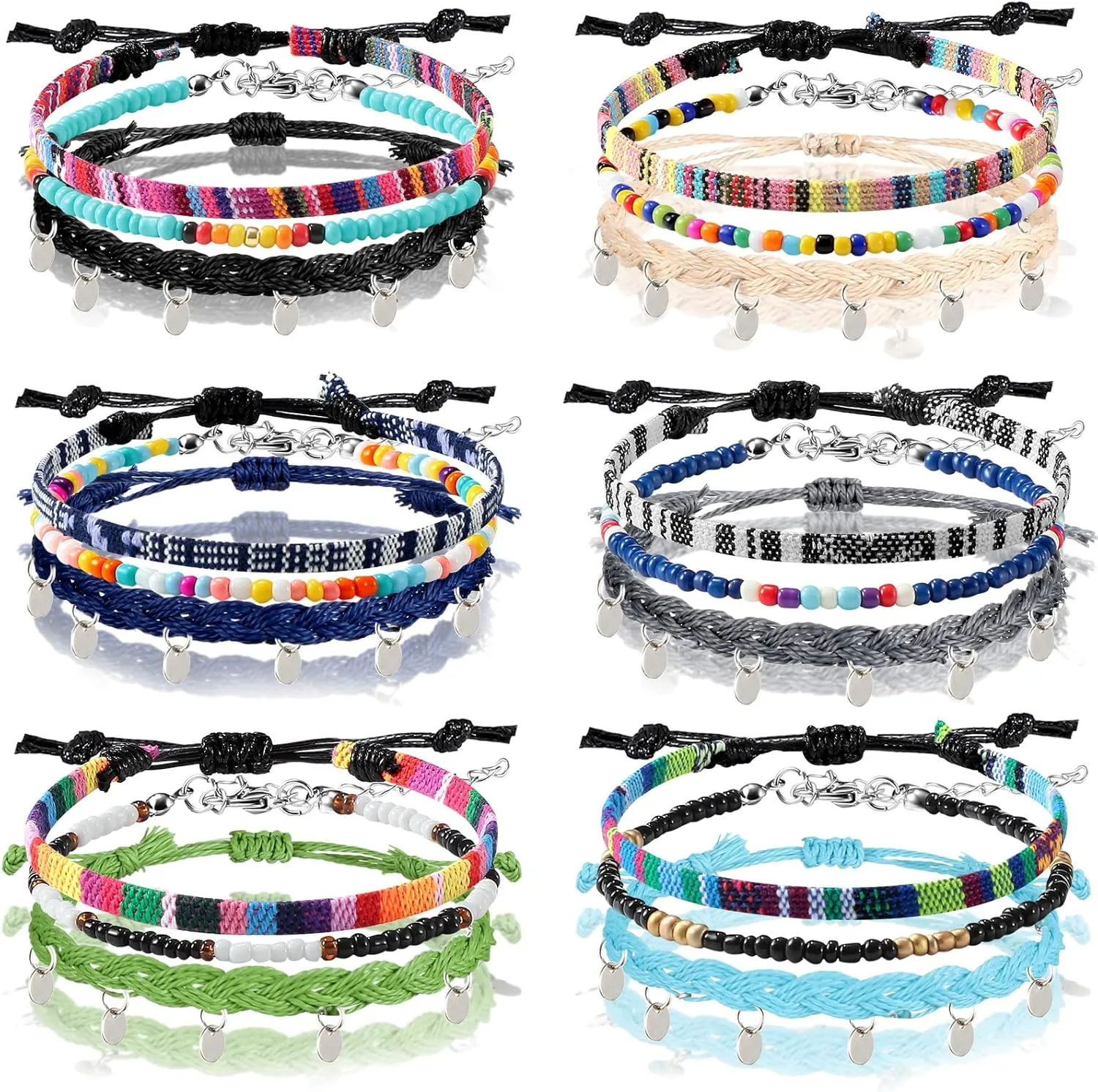 Jadive 6 Pieces Bohemia Surfer Bracelet Woven Bracelets Ankle Bracelet Adjustable Braided Bangle for Women Christmas Gift