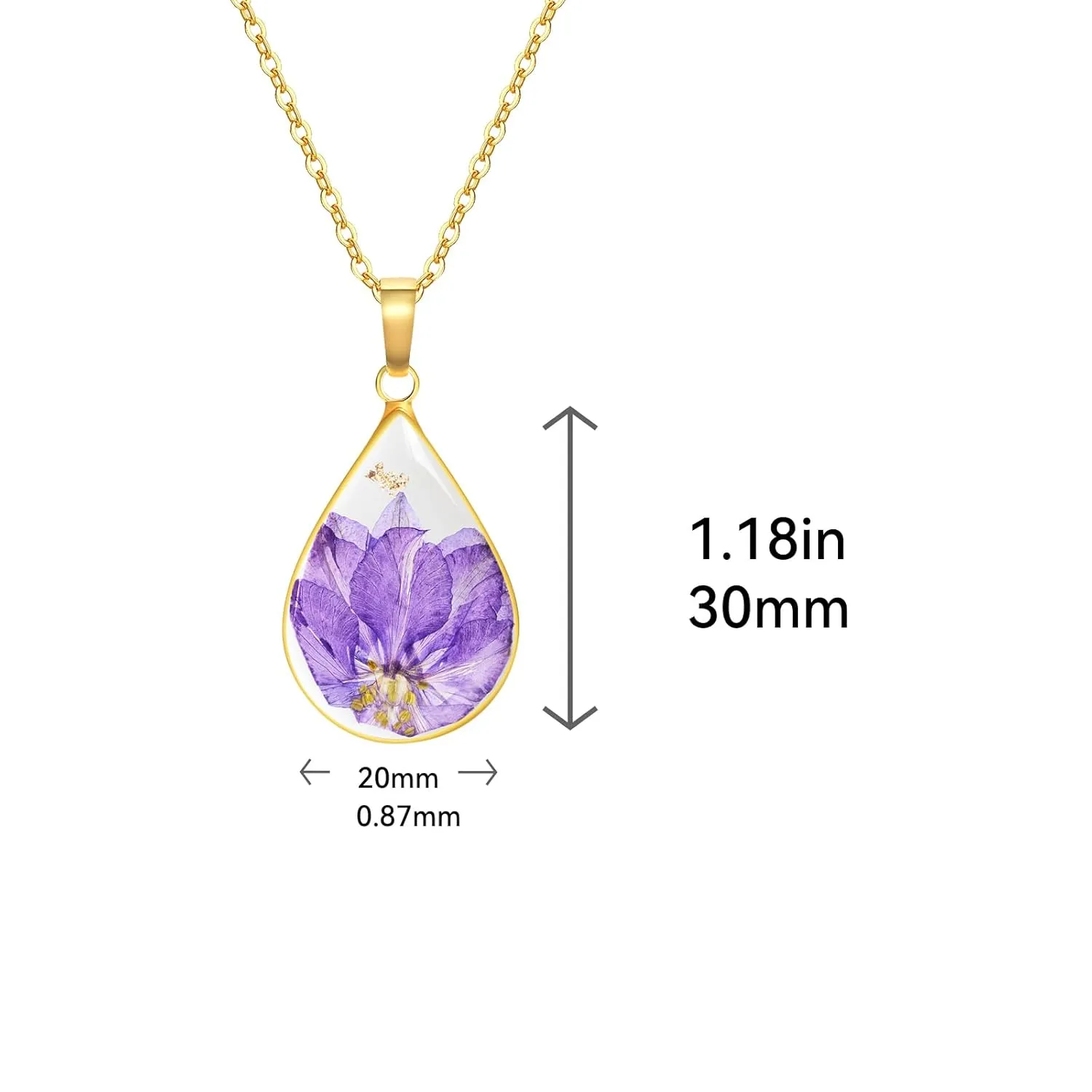 Jayden July Birth Flower Necklace for Women,Purple Swallowwort Real Pressed Flower Necklace,Handmade Month Jewelry,Personalized Plant Necklace,Unique Holiday Gift,Teardrop Pendant - Gold | 18"