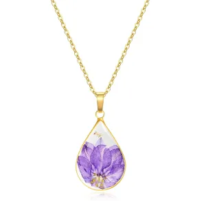 Jayden July Birth Flower Necklace for Women,Purple Swallowwort Real Pressed Flower Necklace,Handmade Month Jewelry,Personalized Plant Necklace,Unique Holiday Gift,Teardrop Pendant - Gold | 18"