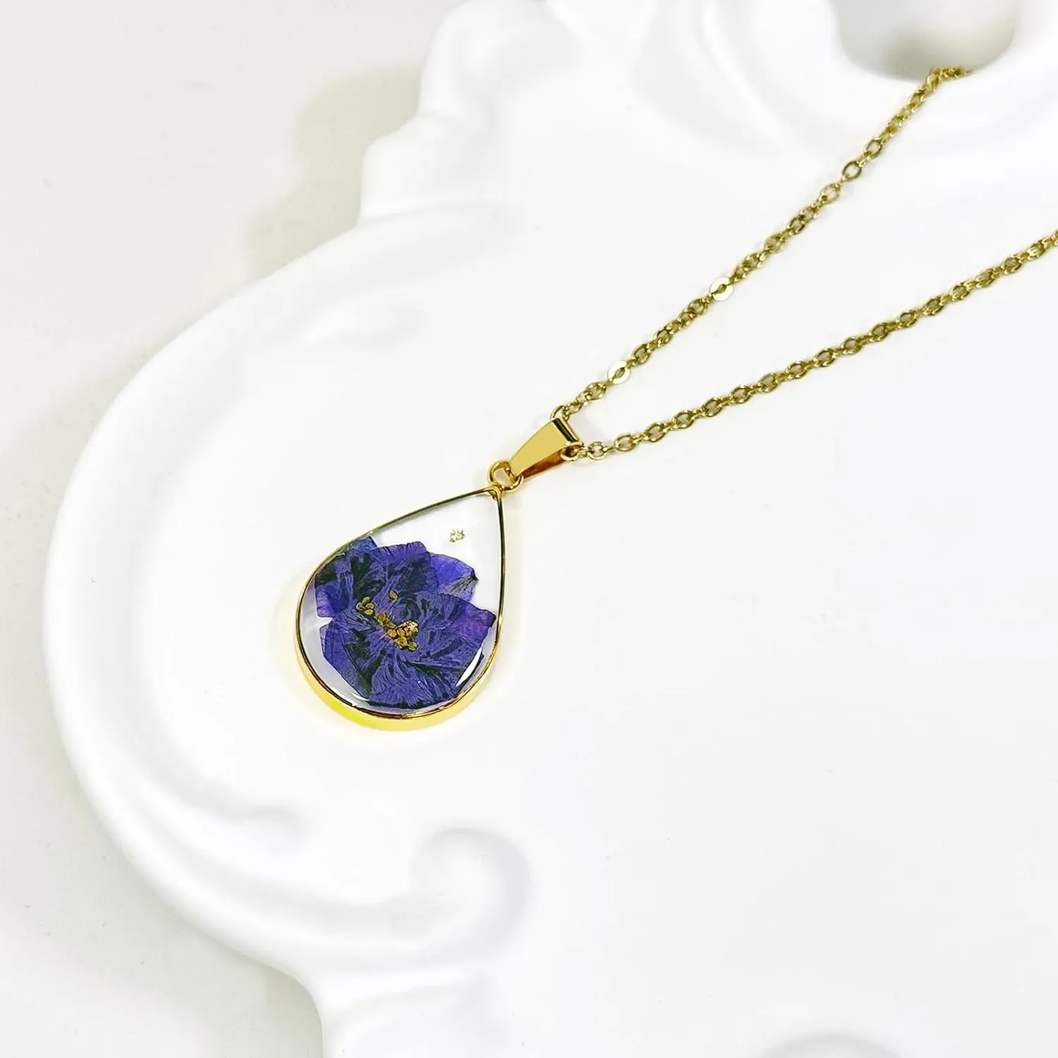 Jayden July Birth Flower Necklace for Women,Purple Swallowwort Real Pressed Flower Necklace,Handmade Month Jewelry,Personalized Plant Necklace,Unique Holiday Gift,Teardrop Pendant - Gold | 18"