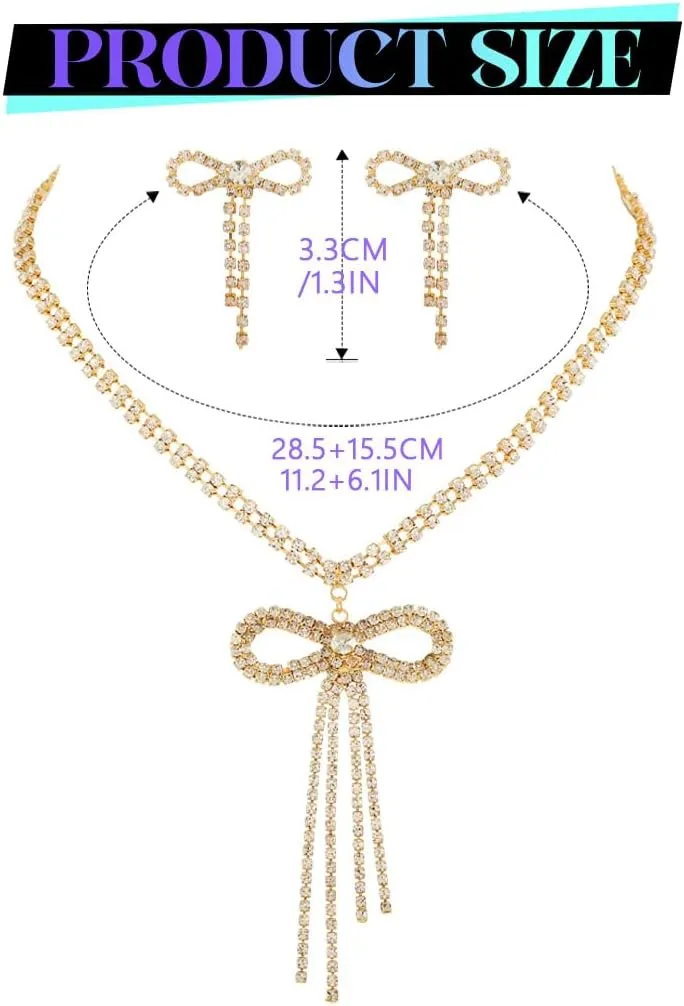JEAIRTS Rhinestone Bow Jewelry Set Sparkly Bowknot Necklace and Earrings Crystal Prom Jewelry Sets for Women
