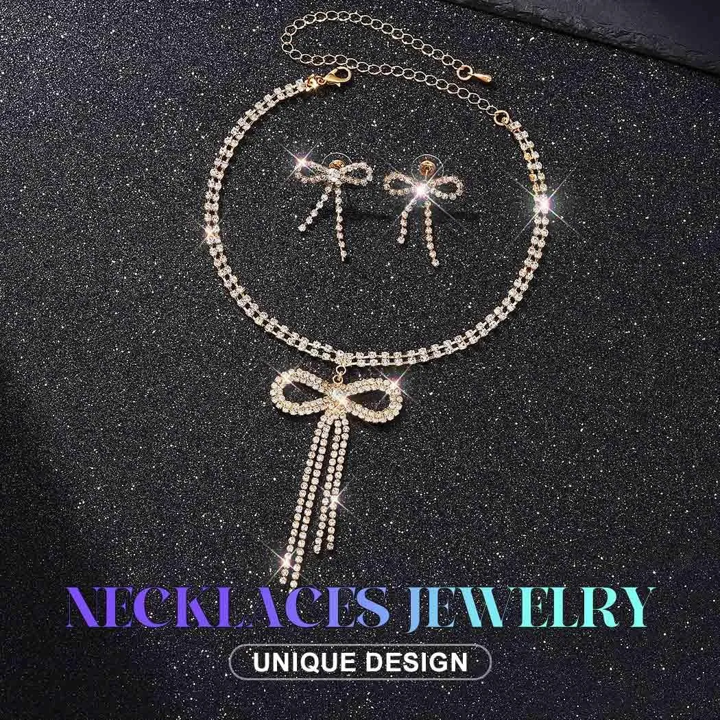 JEAIRTS Rhinestone Bow Jewelry Set Sparkly Bowknot Necklace and Earrings Crystal Prom Jewelry Sets for Women