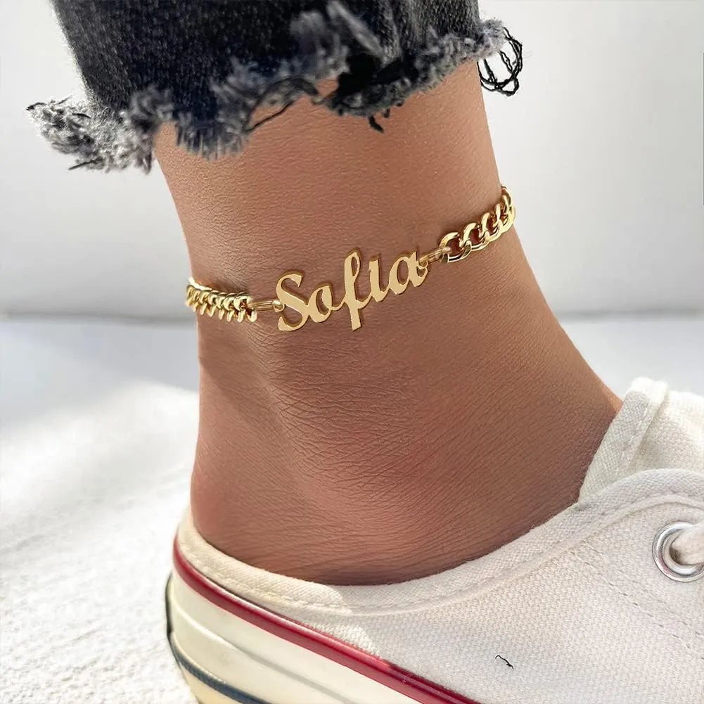 Jecivila Personalized Cuban Link Anklets for Women 18K Gold Plate Name Anklet with Initials Customized Ankle Bracelets for Women Girls 8.7??-10.7??
