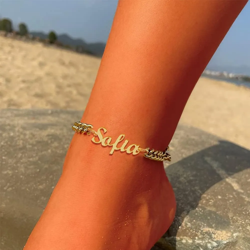 Jecivila Personalized Cuban Link Anklets for Women 18K Gold Plate Name Anklet with Initials Customized Ankle Bracelets for Women Girls 8.7??-10.7??
