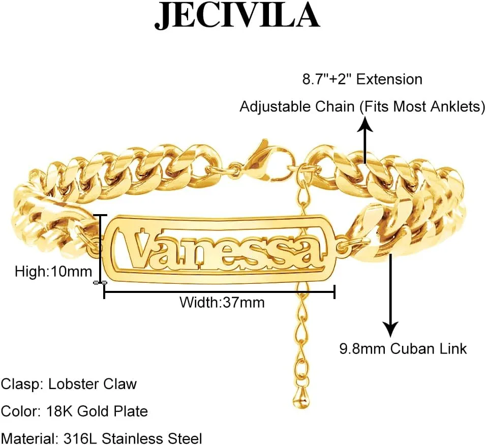 Jecivila Personalized Cuban Link Anklets for Women 18K Gold Plate Name Anklet with Initials Customized Ankle Bracelets for Women Girls 8.7-10.7