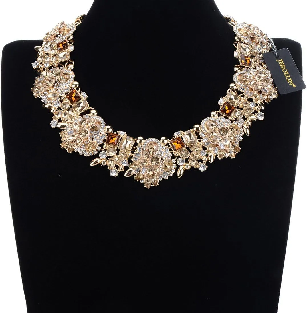 Jerollin Crystal Rhinestone/Pearl Statement Chain Necklace, Vintage Choker Bib Pendant Necklace Bohemian Bling Tassel Collar Statement Necklace for Evening Party