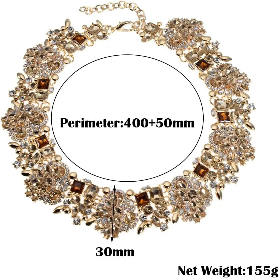 Jerollin Crystal Rhinestone/Pearl Statement Chain Necklace, Vintage Choker Bib Pendant Necklace Bohemian Bling Tassel Collar Statement Necklace for Evening Party