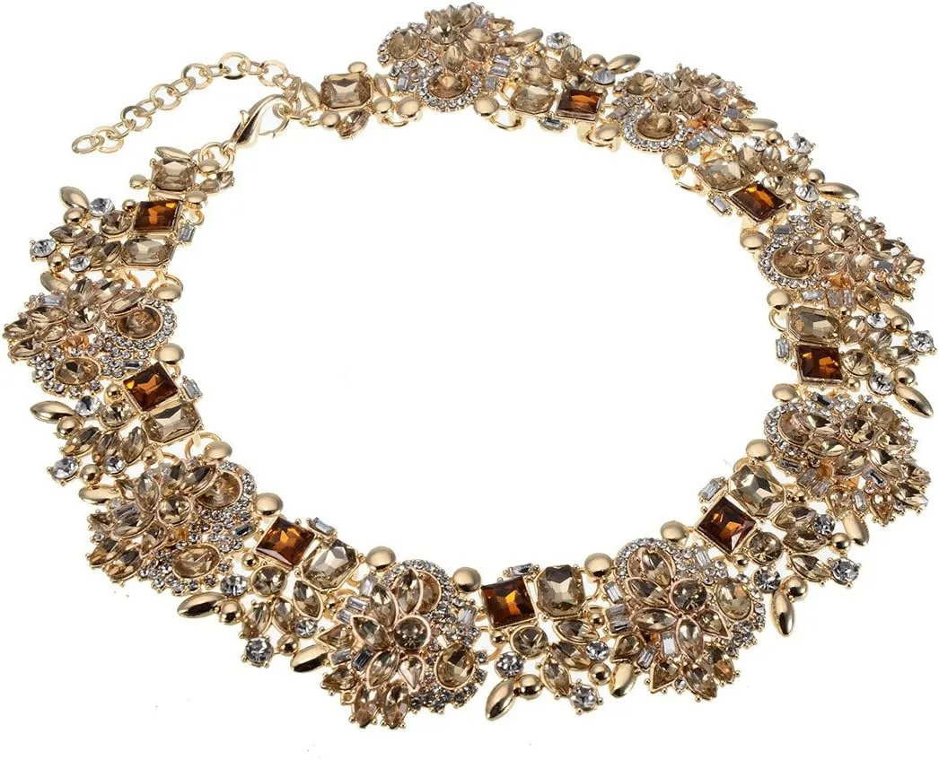 Jerollin Crystal Rhinestone/Pearl Statement Chain Necklace, Vintage Choker Bib Pendant Necklace Bohemian Bling Tassel Collar Statement Necklace for Evening Party
