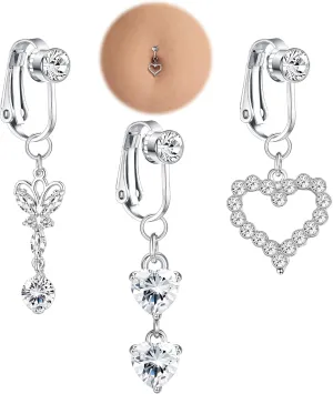 JeryWe 6 Pcs Fake Belly Ring Clip on Belly Button Rings Fake Belly Surgical Steel Fake Belly Button Ring for Women CZ Butterfly Heart Belly Piercing Fake Navel Ring Non Piercing Jewelry