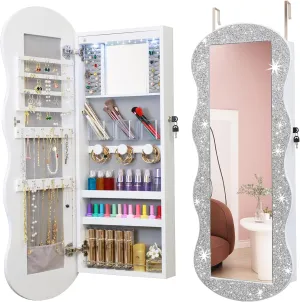 Jewelry Armoire Organizer, LED Jewelry Cabinet Wall/Door Mounted, Lockable Wavy Mirror with Storage, Crushed Diamonds Mirror Full Length,Door or Wall Mounted Mirror with Jewelry Storage