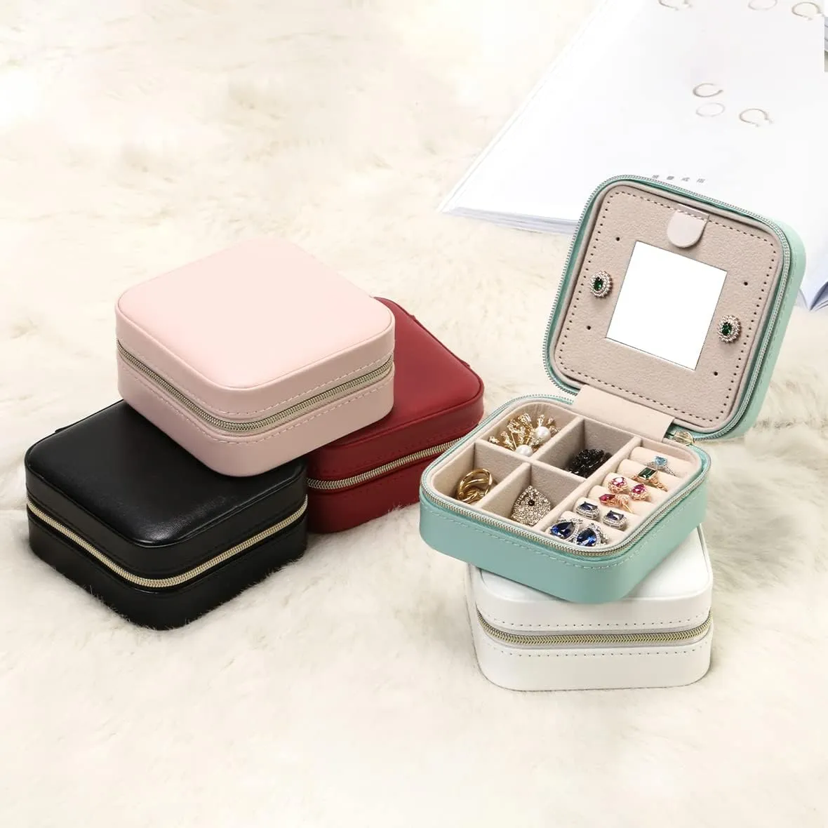 Jewelry Case with Mirror, Small Travel Jewelry Organizer, Portable Mini Storage Box for Rings, Earrings, Necklaces, Gift for Mom, Girl, Daughter, Bridesmaids, Mother's Day Gift (Orange-4packs)