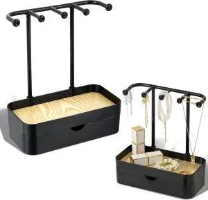 Jewelry Organizer Stand, Necklaces Holder with Wooden Tray, Necklace Display Stand Jewelry Storage Hooks for Necklace, Bracelets, Earrings, Ring, Keys, Watches (Black-Double)