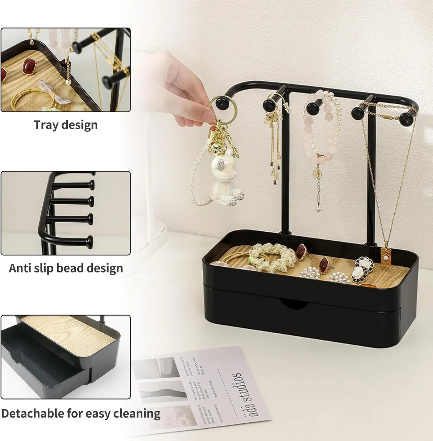 Jewelry Organizer Stand, Necklaces Holder with Wooden Tray, Necklace Display Stand Jewelry Storage Hooks for Necklace, Bracelets, Earrings, Ring, Keys, Watches (Black-Double)