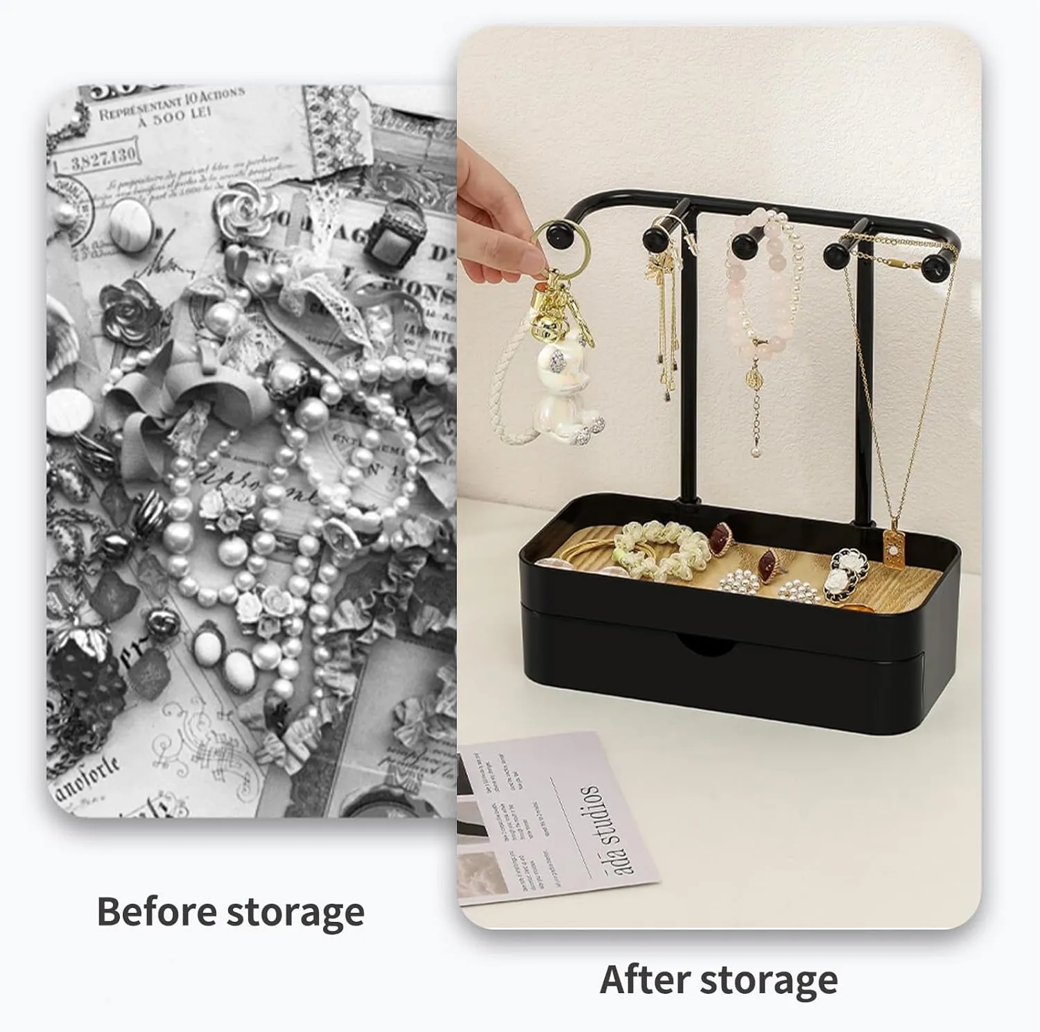 Jewelry Organizer Stand, Necklaces Holder with Wooden Tray, Necklace Display Stand Jewelry Storage Hooks for Necklace, Bracelets, Earrings, Ring, Keys, Watches (Black-Double)