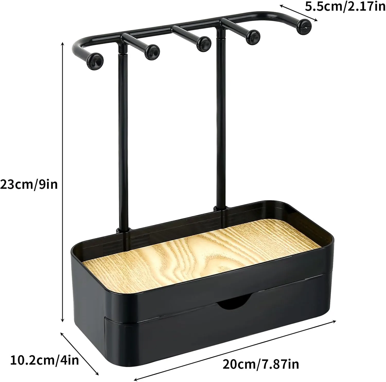 Jewelry Organizer Stand, Necklaces Holder with Wooden Tray, Necklace Display Stand Jewelry Storage Hooks for Necklace, Bracelets, Earrings, Ring, Keys, Watches (Black-Double)