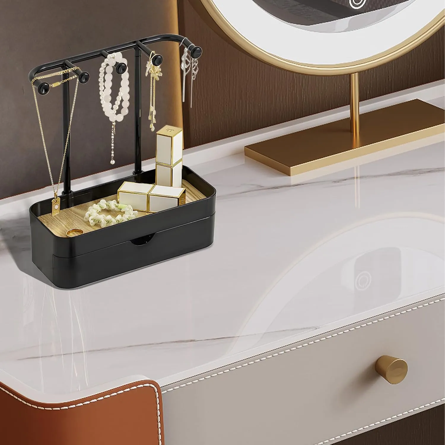 Jewelry Organizer Stand, Necklaces Holder with Wooden Tray, Necklace Display Stand Jewelry Storage Hooks for Necklace, Bracelets, Earrings, Ring, Keys, Watches (Black-Double)