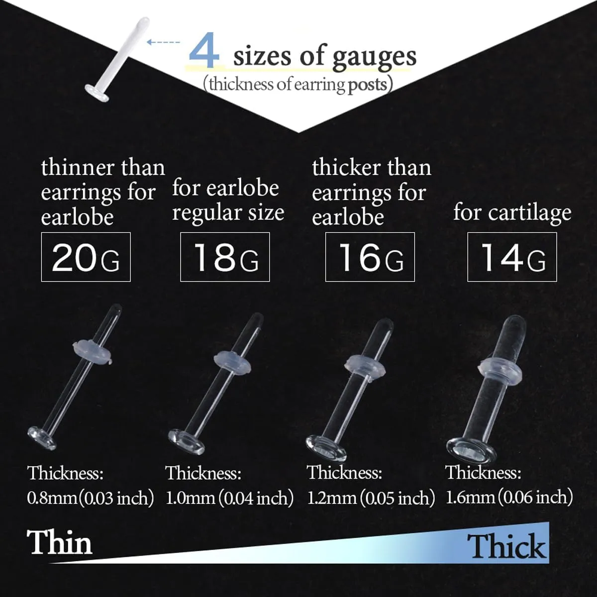 Jewelry Stud Earring for Women Tempered Glass Hypoallergenic Transparent Retainer Invisible Body Piercing for First Scecond Earrings School Workplace Office 16G Gold