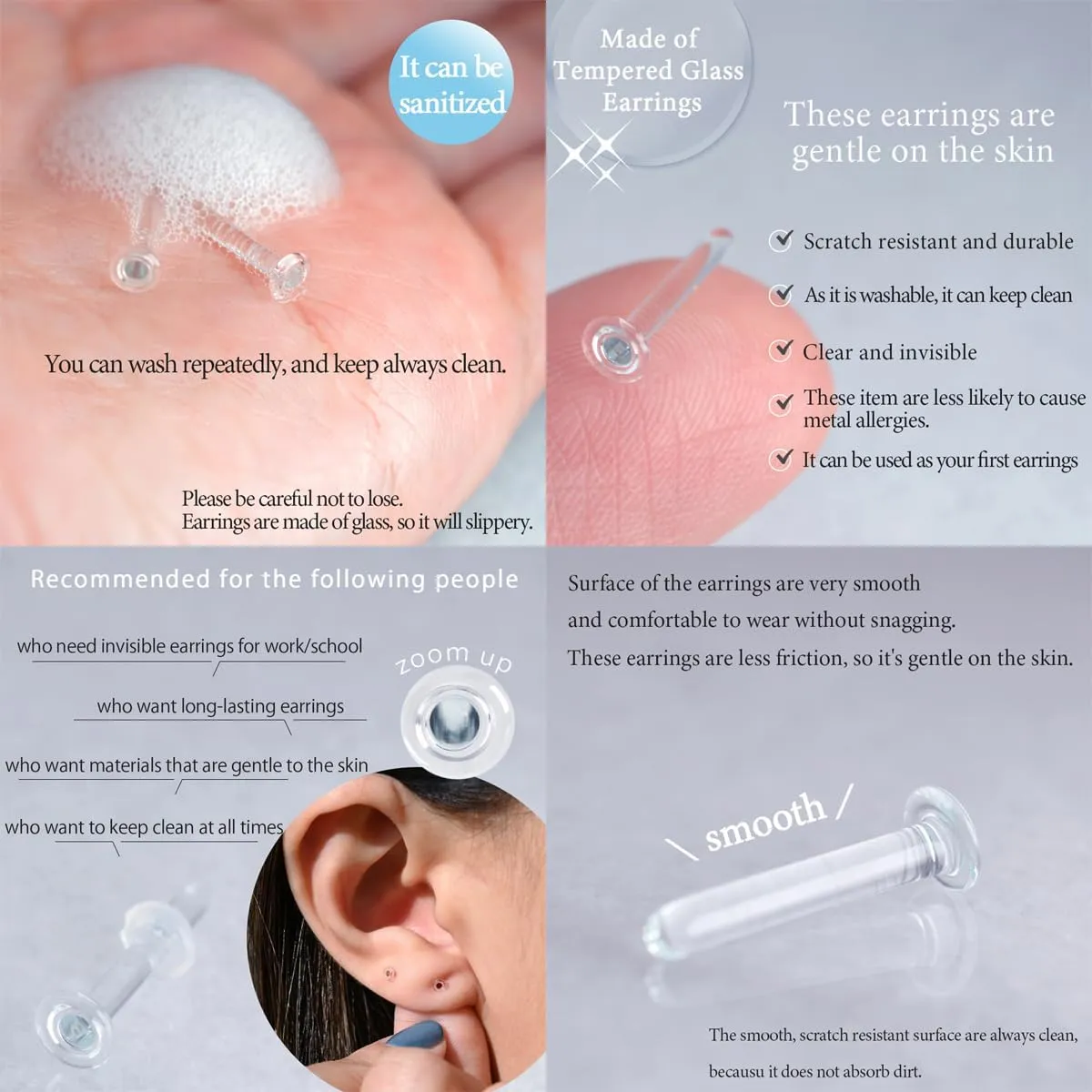 Jewelry Stud Earring for Women Tempered Glass Hypoallergenic Transparent Retainer Invisible Body Piercing for First Scecond Earrings School Workplace Office 16G Gold