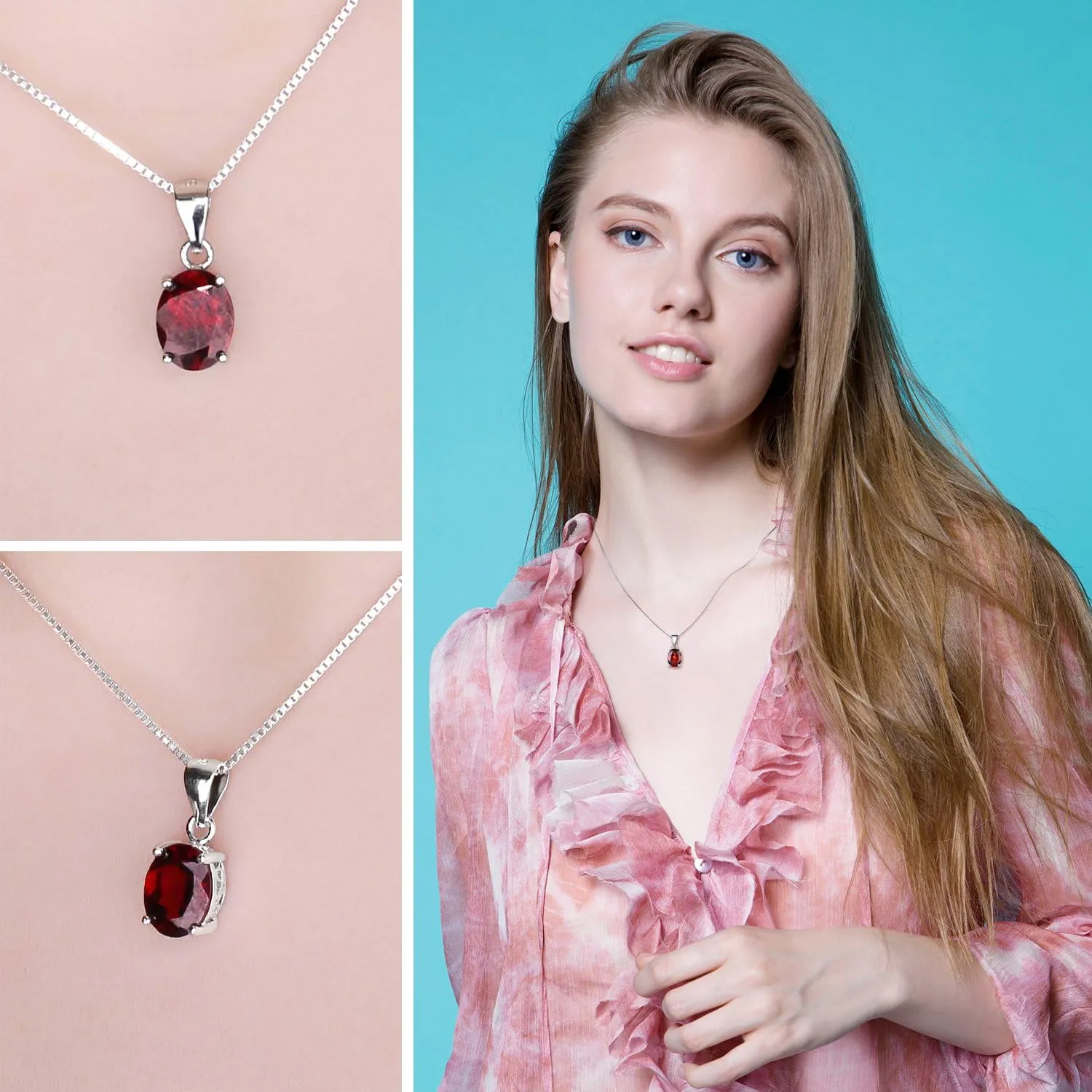 JewelryPalace Natural Gemstone Garnet Peridot Amethyst Citrine Blue Topaz Birthstone Solitaire Pendant Necklace Jewelry Set, 14k Gold Plated 925 Sterling Silver Necklaces for Women, 18 Inch Box chain