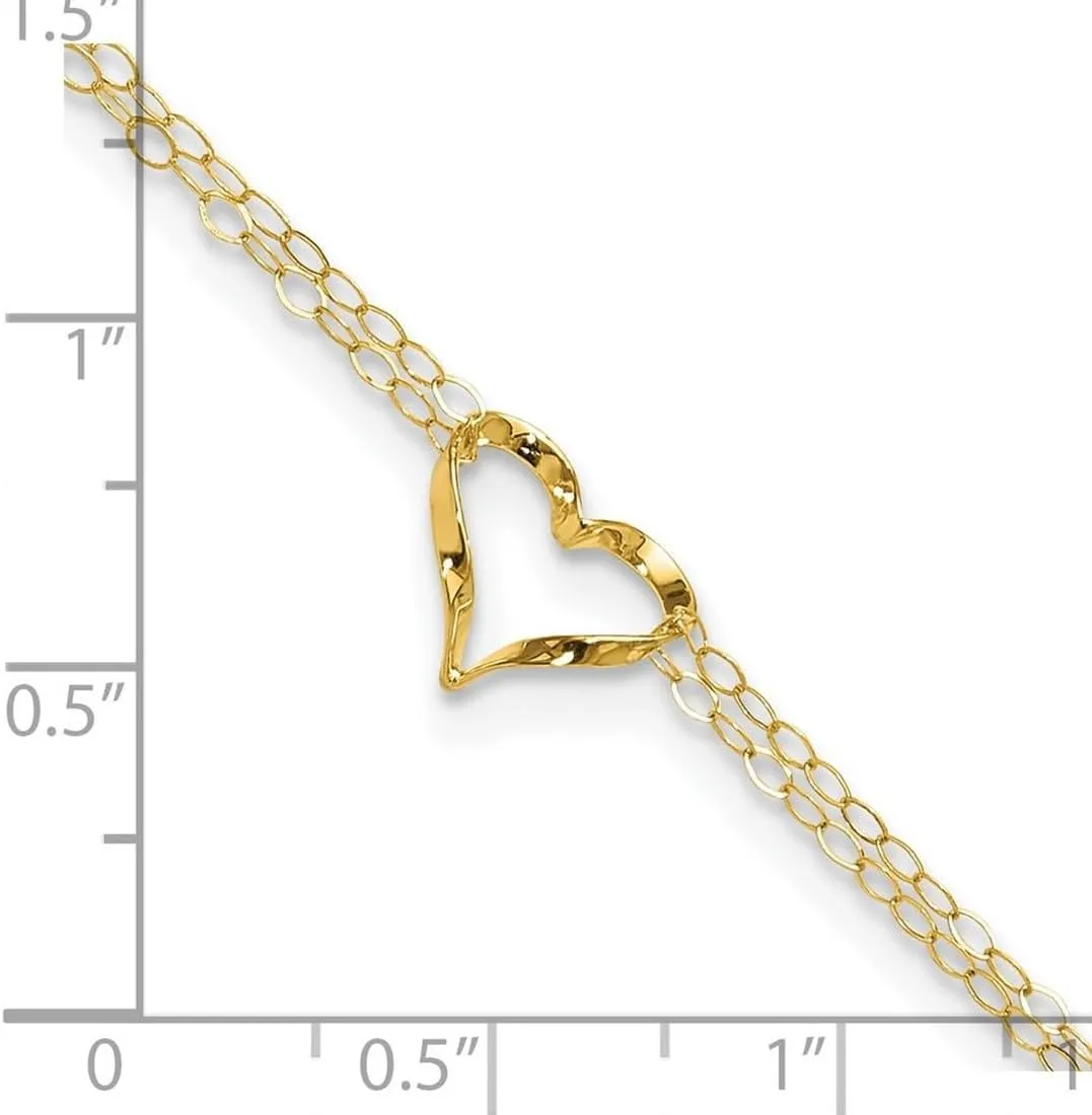 JewelryWeb 14k Gold Double Strand Love Heart Plus 1in Ext. Anklet 11mm Wide-Anklet for Women
