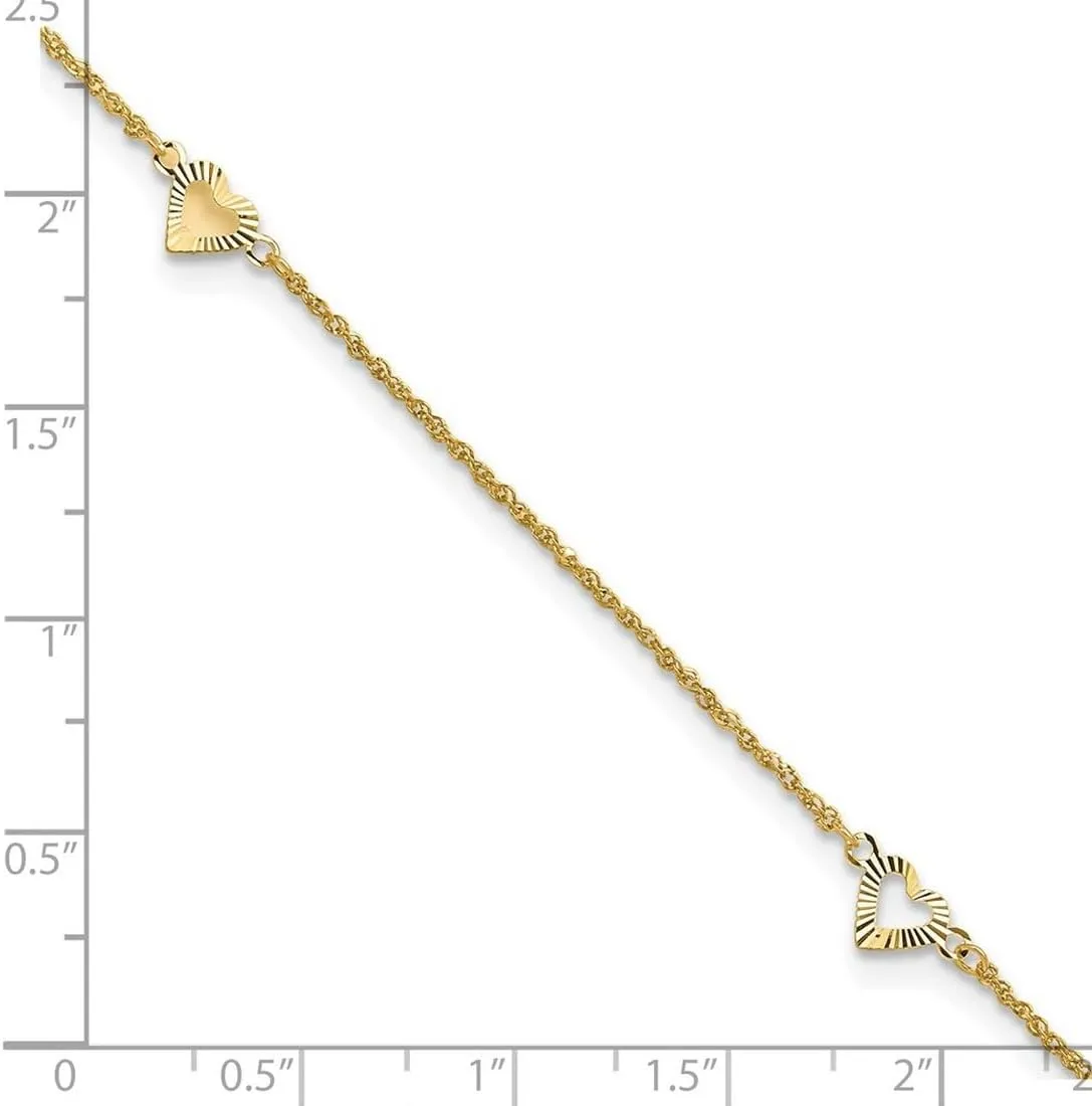 JewelryWeb 14k Gold Sparkle Cut Love Hearts With 10inch Plus 1in Ext Anklet 1.5mm Wide-Anklet for Women