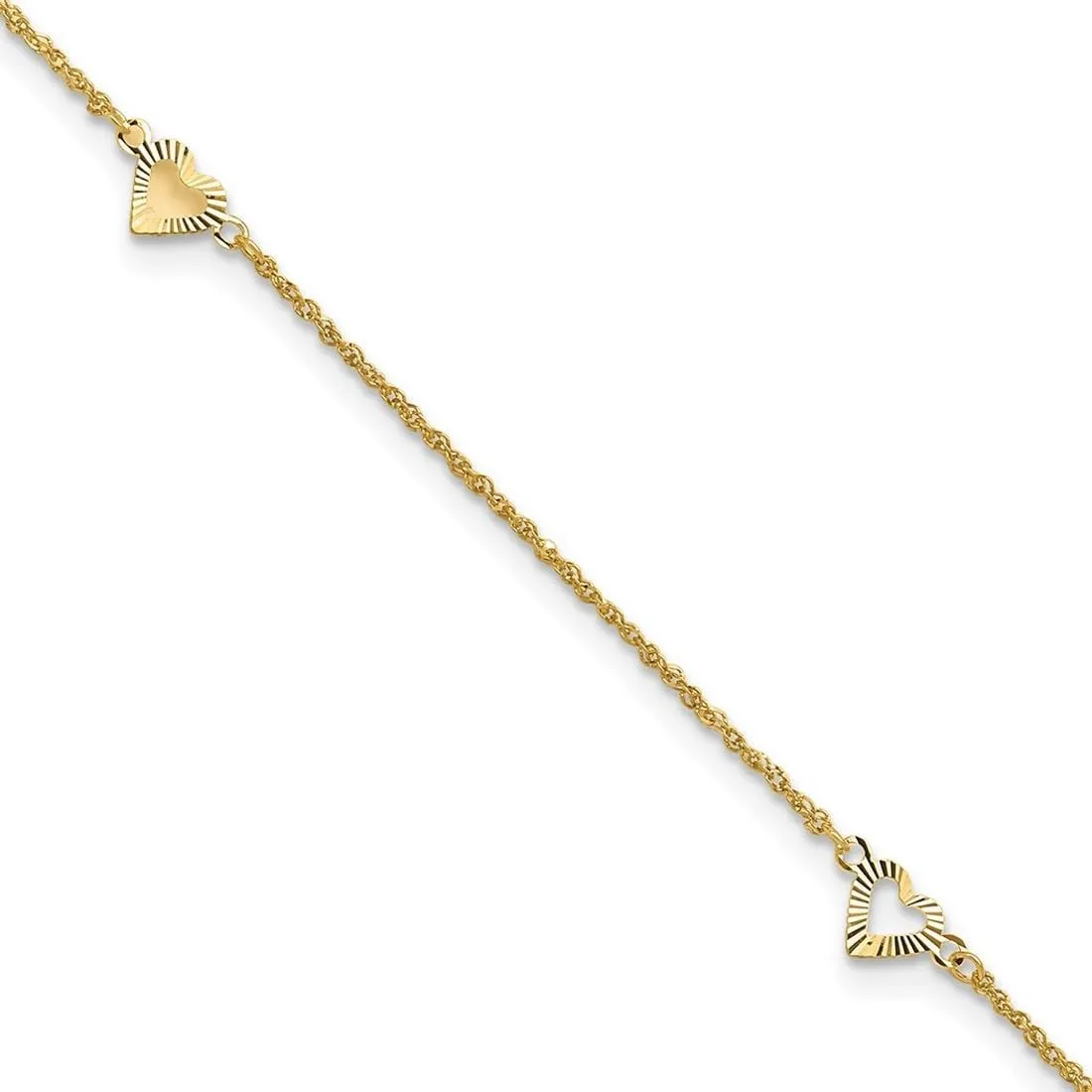 JewelryWeb 14k Gold Sparkle Cut Love Hearts With 10inch Plus 1in Ext Anklet 1.5mm Wide-Anklet for Women