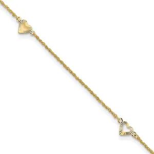 JewelryWeb 14k Gold Sparkle Cut Love Hearts With 10inch Plus 1in Ext Anklet 1.5mm Wide-Anklet for Women