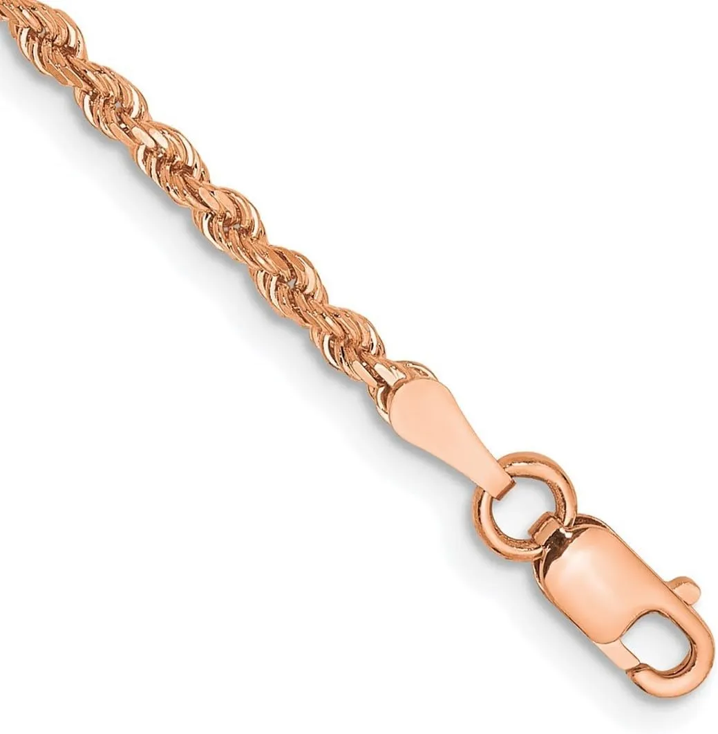 JewelryWeb 14k Rose Gold 2mm Sparkle Cut Rope Chain Anklet 10 Inch-Anklet for Women and Men