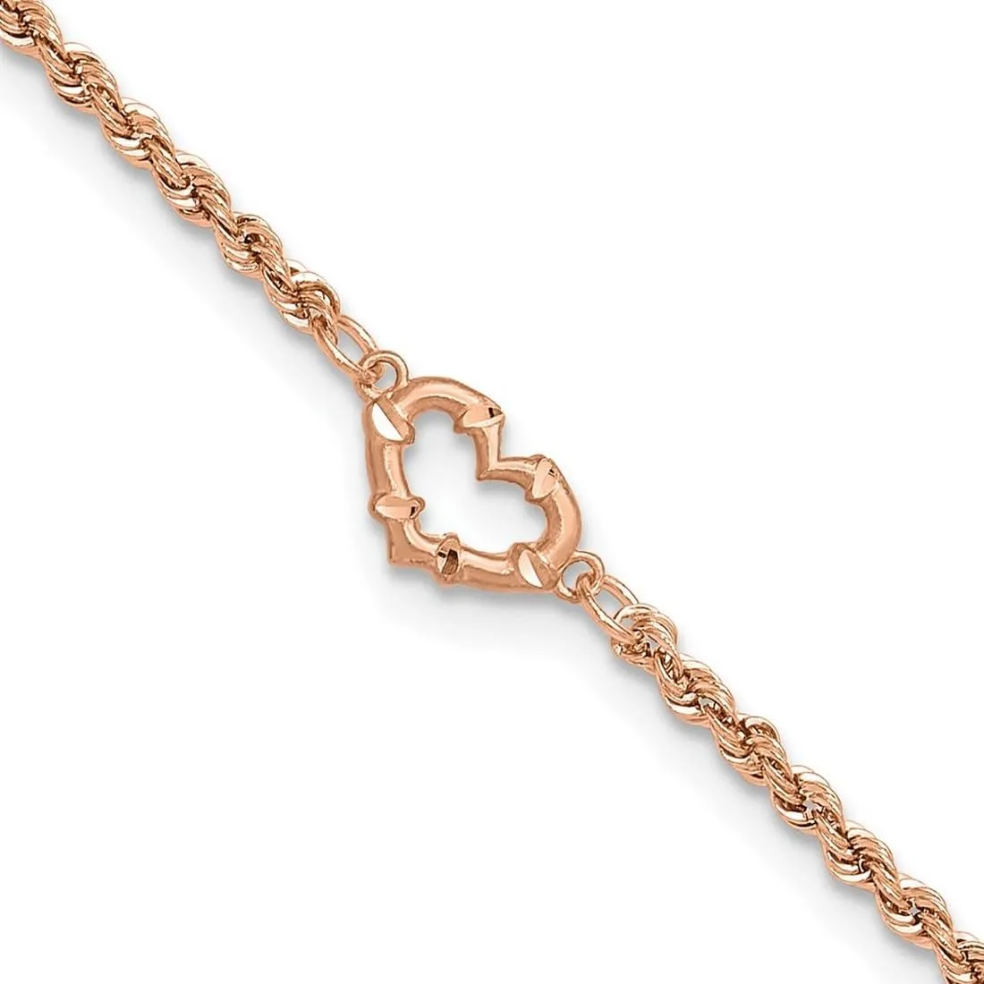 JewelryWeb 14k Rose Gold Sparkle Cut Rope With Love Heart Anklet 10mm Wide-Anklet for Women
