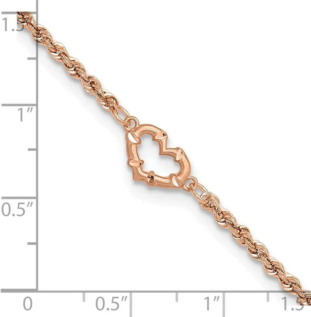 JewelryWeb 14k Rose Gold Sparkle Cut Rope With Love Heart Anklet 10mm Wide-Anklet for Women