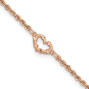 JewelryWeb 14k Rose Gold Sparkle Cut Rope With Love Heart Anklet 10mm Wide-Anklet for Women