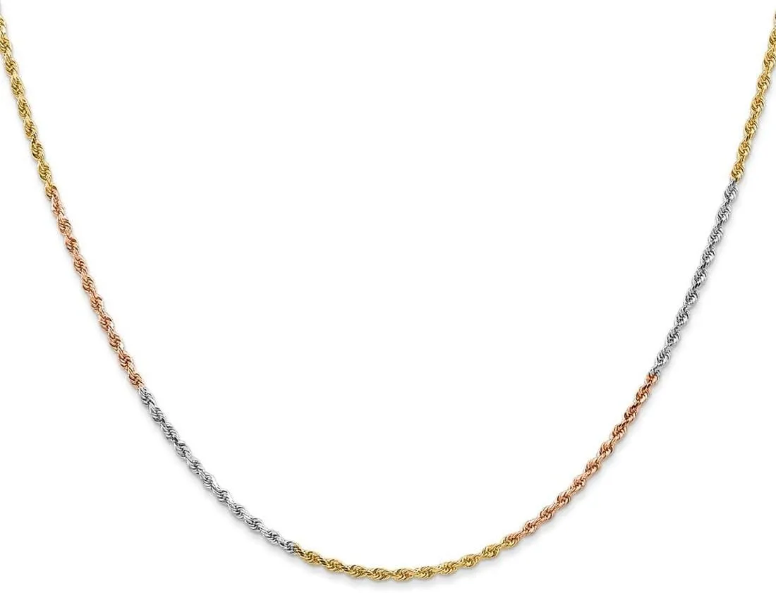 JewelryWeb 14k Tri Color Solid Lobster Claw Closure Gold 1.5mm Sparkle Cut Rope Chain Ankle Bracelet Anklet for Women and Men