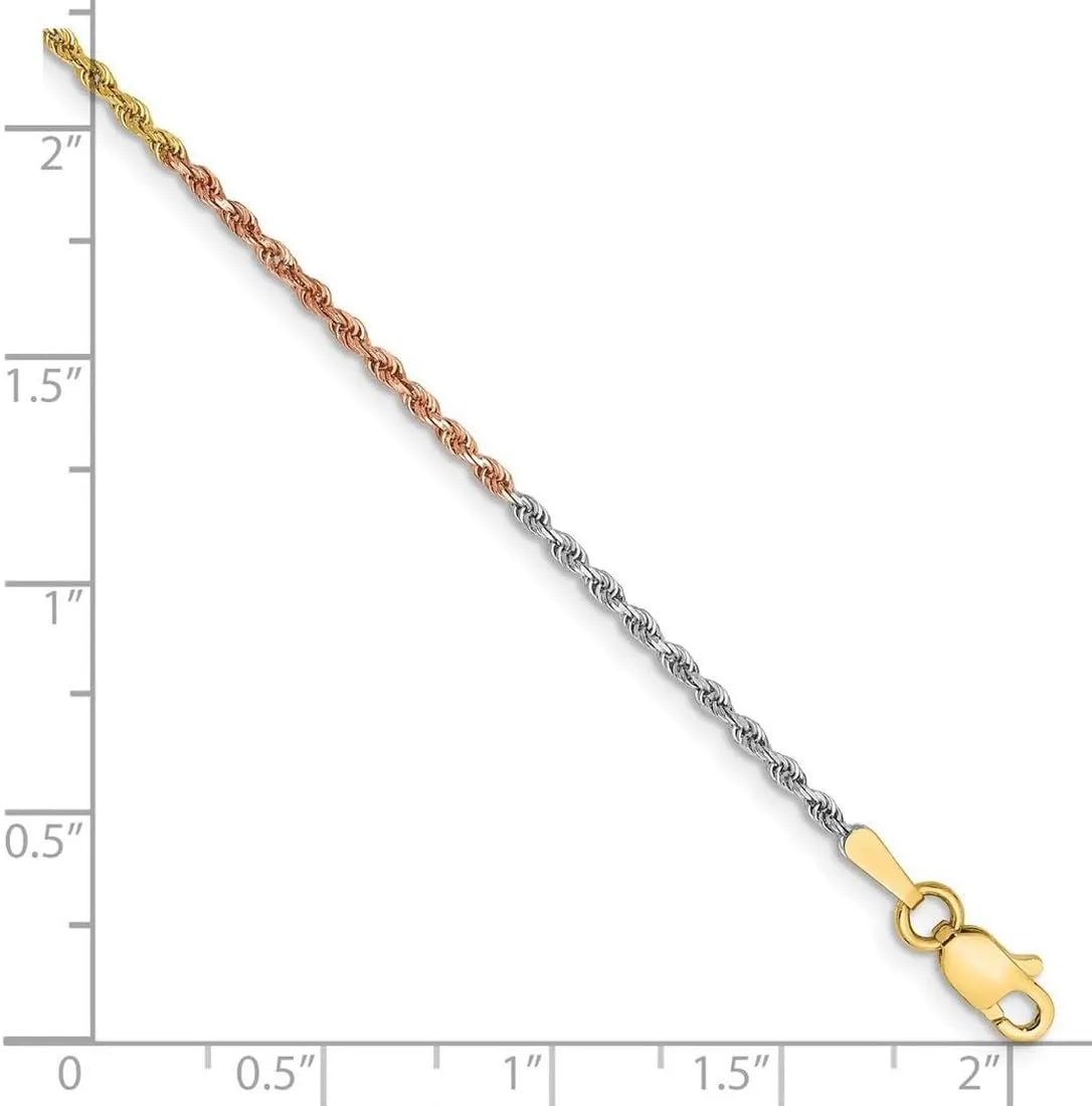 JewelryWeb 14k Tri Color Solid Lobster Claw Closure Gold 1.5mm Sparkle Cut Rope Chain Ankle Bracelet Anklet for Women and Men