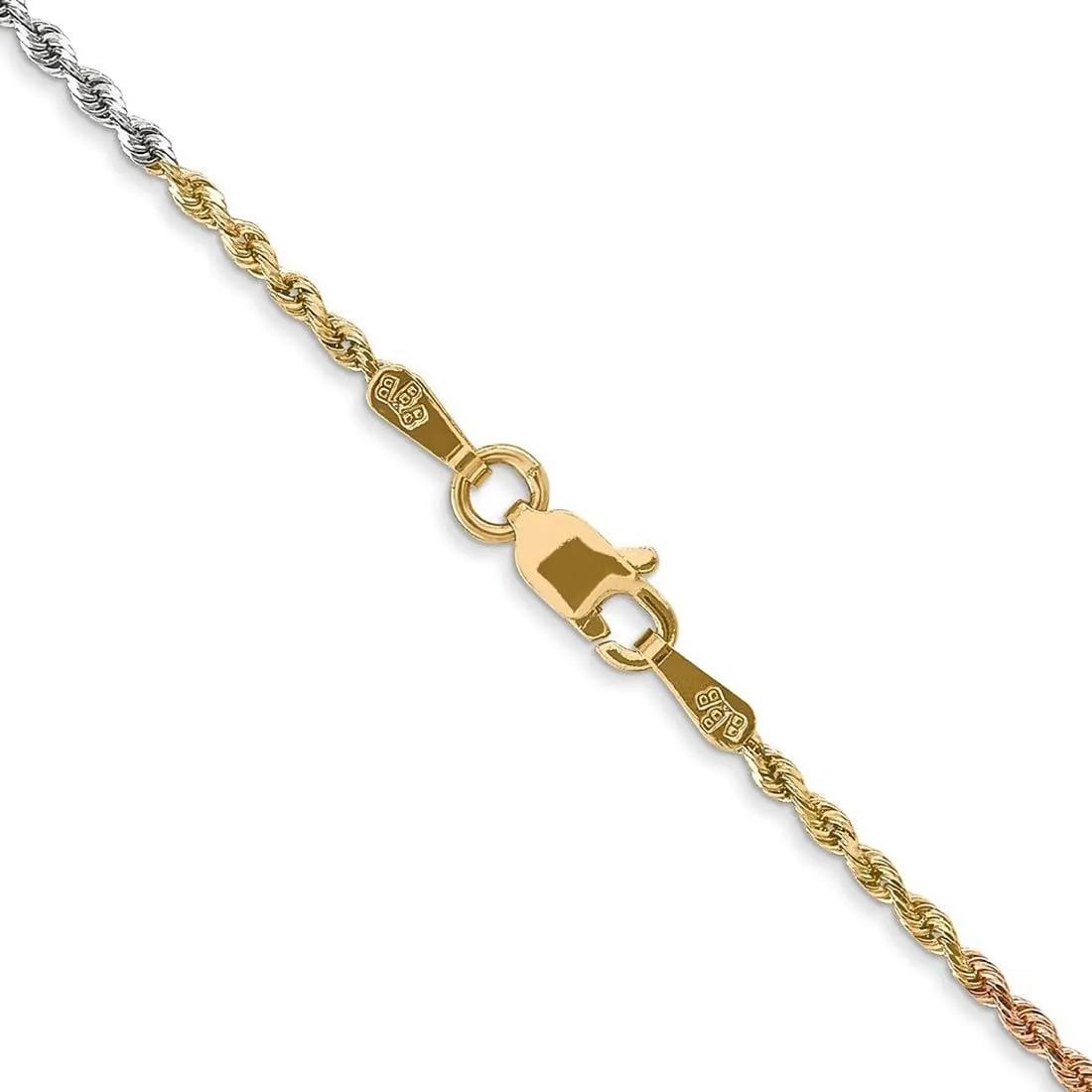 JewelryWeb 14k Tri Color Solid Lobster Claw Closure Gold 1.5mm Sparkle Cut Rope Chain Ankle Bracelet Anklet for Women and Men