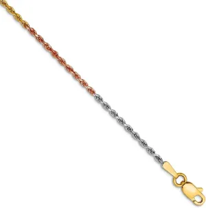 JewelryWeb 14k Tri Color Solid Lobster Claw Closure Gold 1.5mm Sparkle Cut Rope Chain Ankle Bracelet Anklet for Women and Men