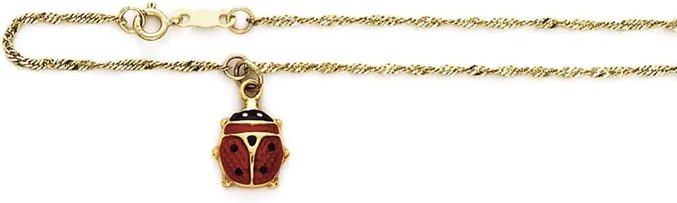 JewelryWeb 14k Yellow Gold Enameled Ladybug Anklet 10 Inch-Anklet for Women