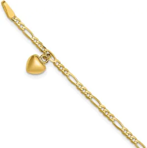 JewelryWeb 14k Yellow Gold Hollow Polished Figaro Link With Dangling Love Heart Anklet Spring-Ring-Anklet for Women