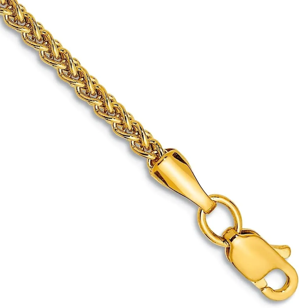 JewelryWeb 14k Yellow Gold Hollow Polished Semi Solid 2.00mm Wheat Anklet 10 Inch Lobster Claw-Anklet for Women