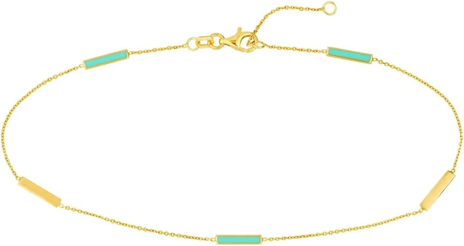JewelryWeb 14k Yellow Gold Lite Blue enamel Alternating Bar Anklet Bracelet 10 Inch-Anklet for Women