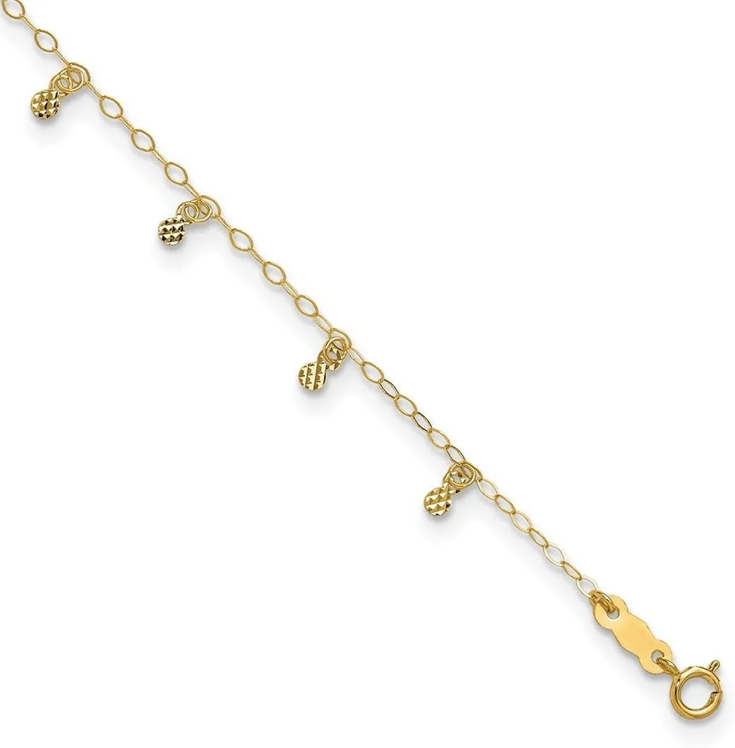 JewelryWeb 14k Yellow Gold Polished Spring-Ring Oval Chain Sparkle Cut Dots With 1in Ext Anklet-Anklet for Women and Men