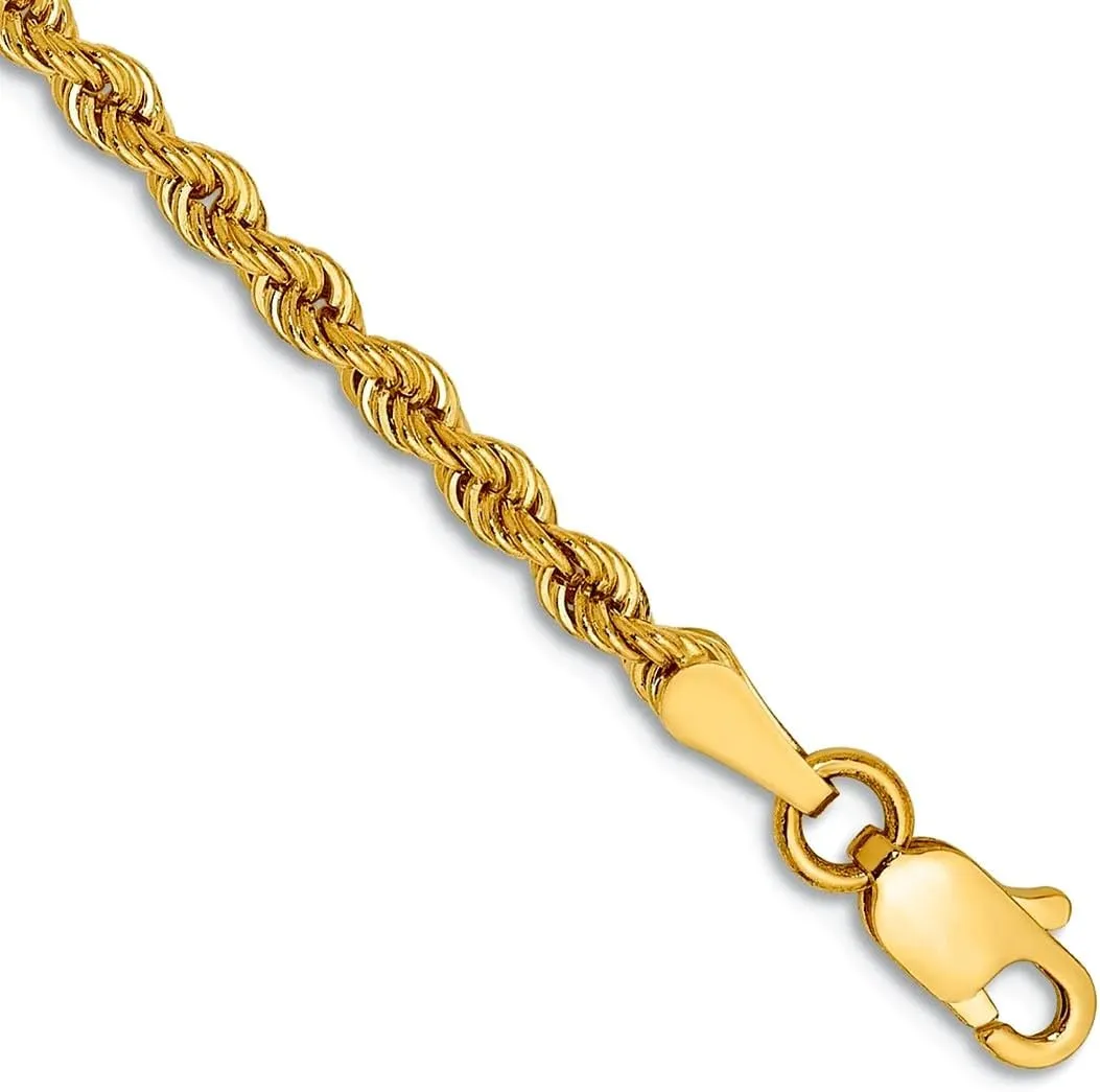 JewelryWeb 14k Yellow Gold Solid 2.5mm Handmade Regular Rope Chain Bracelet Lobster Claw Link-Bracelet for Women and Men