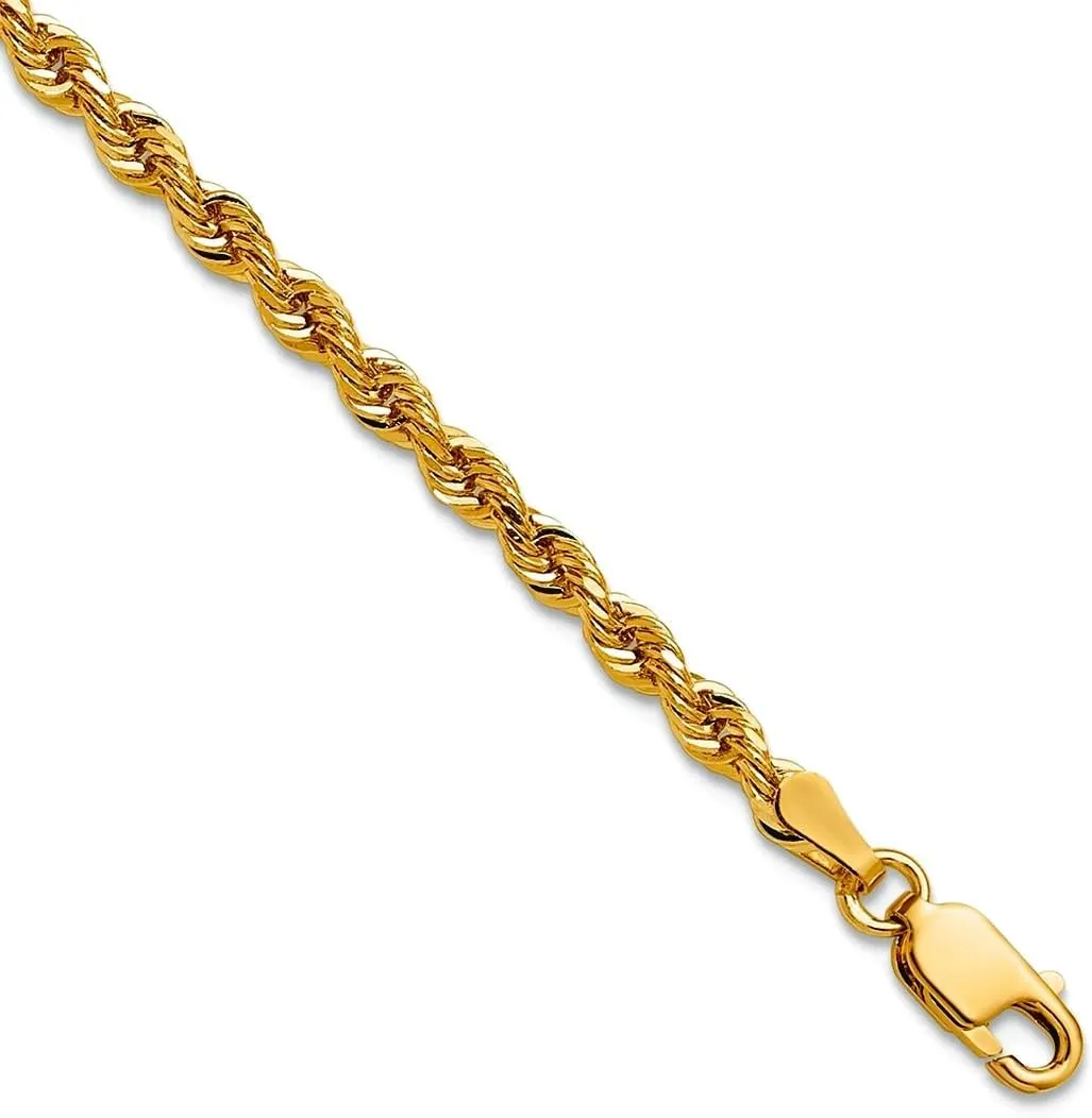 JewelryWeb 14k Yellow Gold Solid 3mm D Cut Rope Lobster Clasp Chain Anklet 9 Inch-Lobster Claw-Anklet for Women and Men