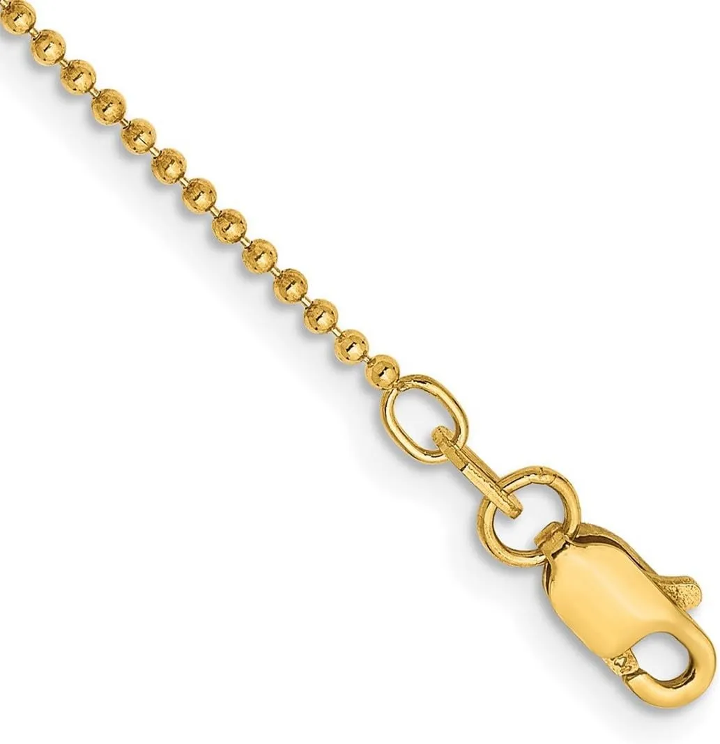 JewelryWeb 14k Yellow Gold Solid Polished Hollow bead Lobster Claw Closure 1.2mm Sparkle Cut Teen Ball Chain Ankle Bracelet Anklet for Women and Men