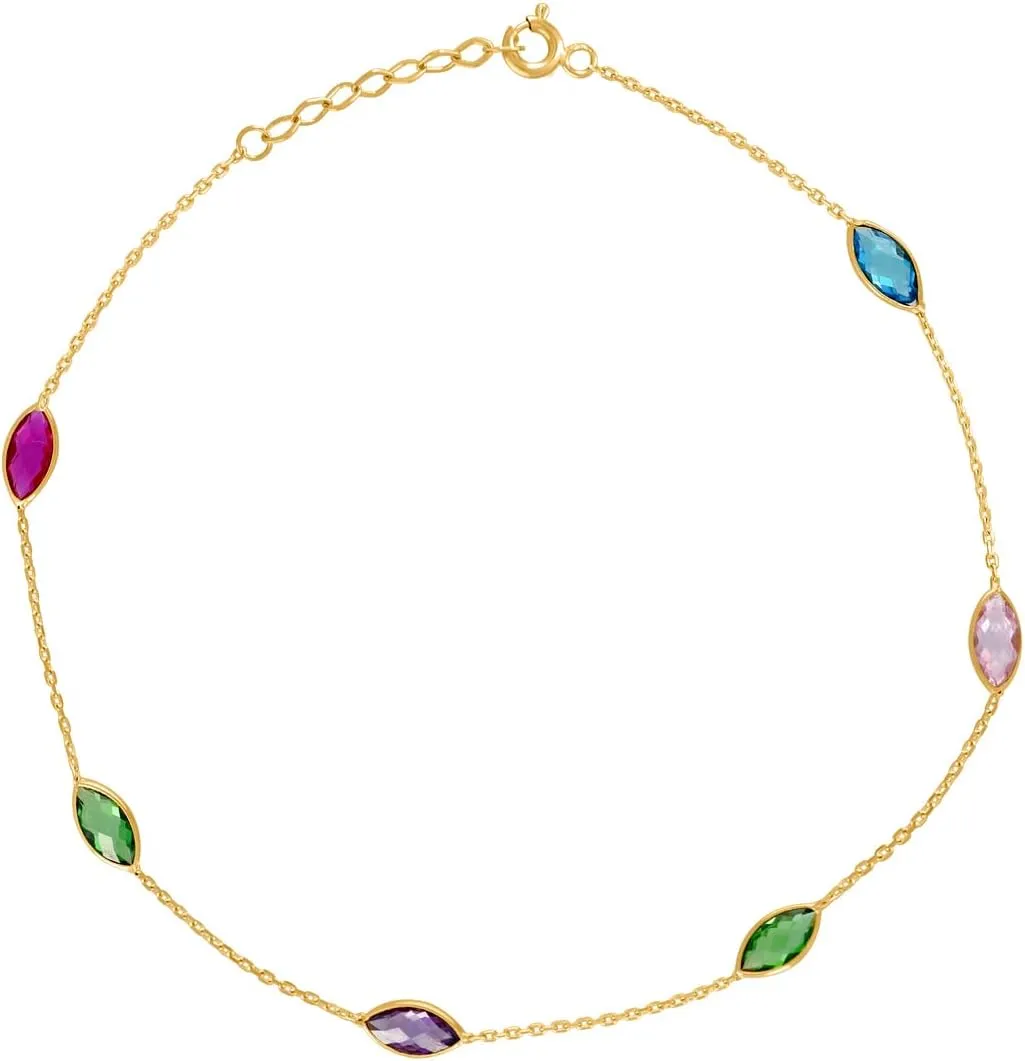 JewelryWeb 14k Yellow Gold Womens Multi color Marquise CZ Simulated Diamond Chain Anklet 10 Inch 4.5mm Long-Anklet for Women and Men