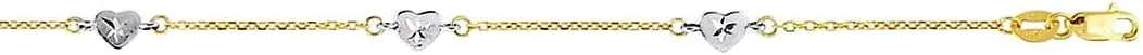 JewelryWeb 14k Yellow White Gold Shiny Sparkle Cut Cable Chain White Love Heart Fancy Anklet Lobster Clasp 10 Inch-Anklet for Women and Men