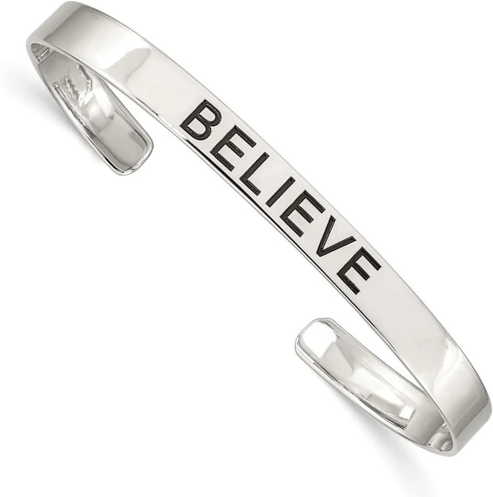 JewelryWeb 6mm 925 Sterling Silver Polished Believe Artisan Oxidized Cuff Stackable Bangle Bracelet-Cuff-Bracelet for Women