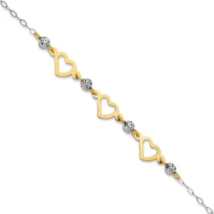 JewelryWeb 7mm 14k Solid Gold Two tone Oval Link Sparkle Cut Beads and Love Heart Plus 1in Extension Anklet-Anklet for Women