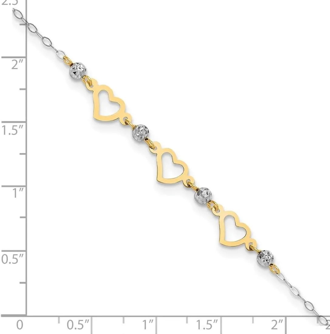 JewelryWeb 7mm 14k Solid Gold Two tone Oval Link Sparkle Cut Beads and Love Heart Plus 1in Extension Anklet-Anklet for Women