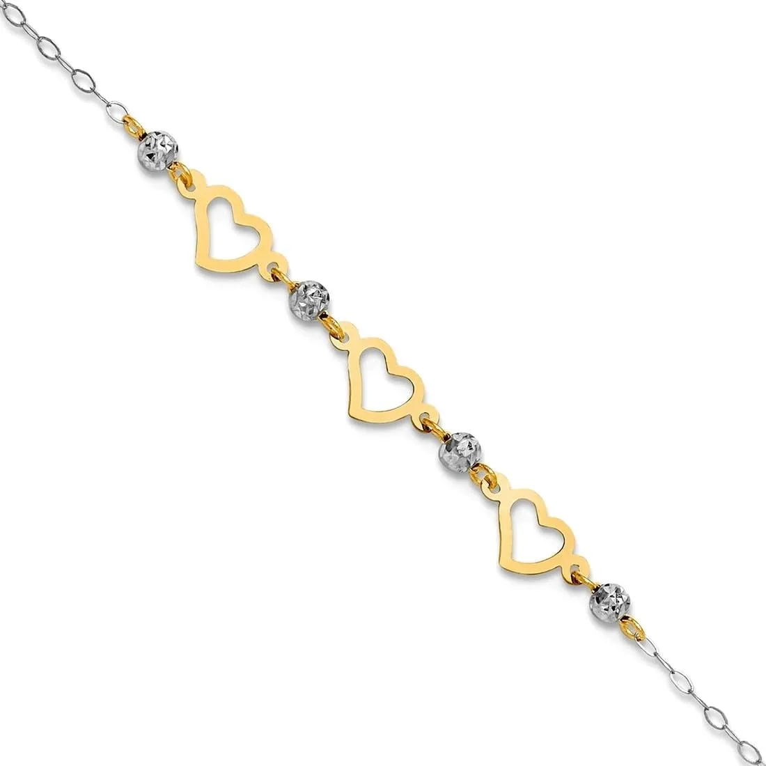 JewelryWeb 7mm 14k Solid Gold Two tone Oval Link Sparkle Cut Beads and Love Heart Plus 1in Extension Anklet-Anklet for Women
